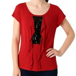 Ellen Tracy Red Blouse Black Sequin‎ Ruffle Front Top Womens Small Short Sleeve